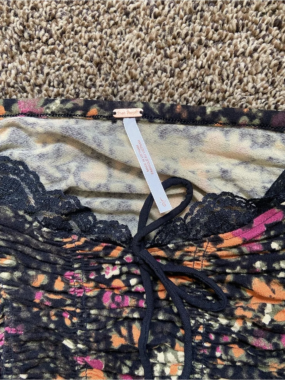 Free People Black Floral Ruched Long-Sleeve Crop Top with Pink & Orange Flowers
